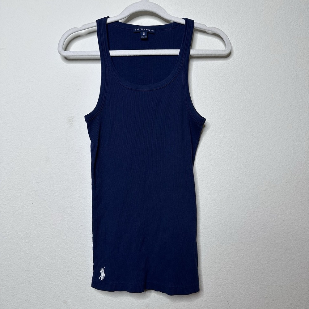 Y2K  Vintage Ralph Lauren Tank Top Navy Blue Ribbed Cotton Medium